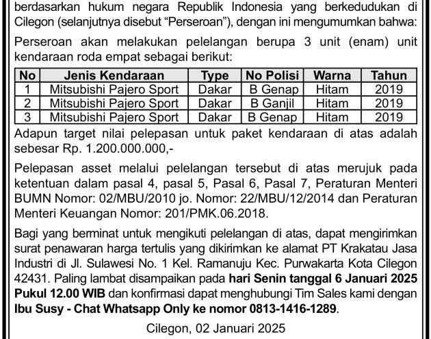 Lelang Kendaraan Tanggal 2 Januari 2025