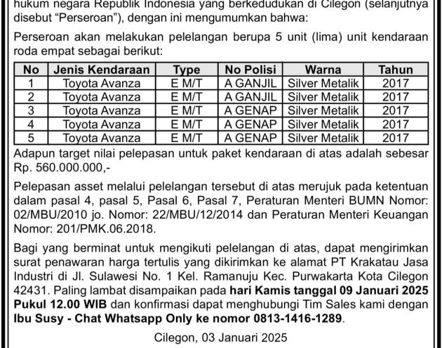 Lelang Kendaraan Tanggal 3 Januari 2025