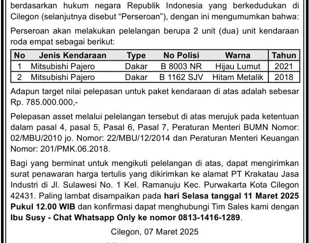 Lelang Kendaraan 7 Maret 2025